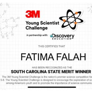 Fatima Falah is SC’s State Merit Winner, 3M Young Scientist Challenge