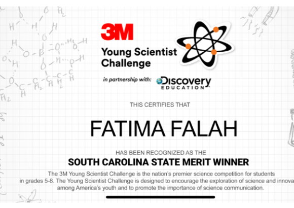 Fatima Falah is SC’s State Merit Winner, 3M Young Scientist Challenge