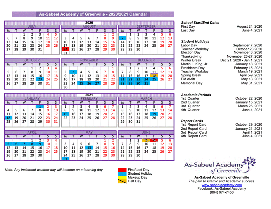 Calendar to AsSabeel Academy of Greenville